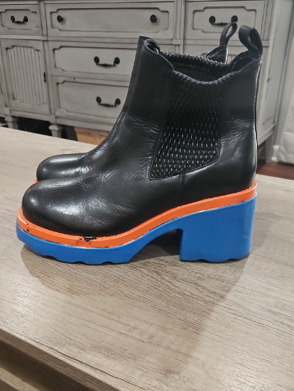 AEROSOLES Black Leather Ankle Boots with Orange Trim and Blue Platform